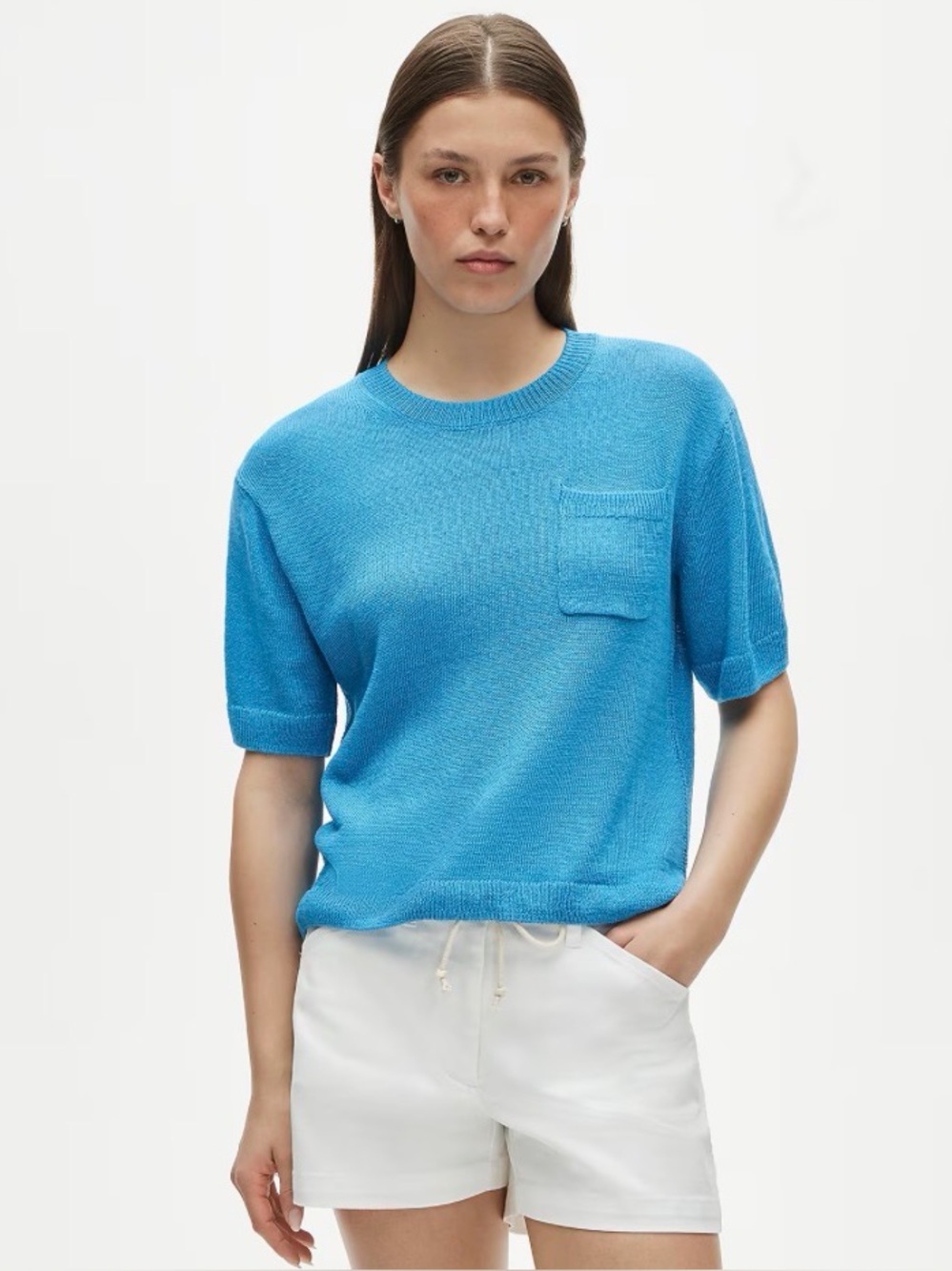 J.Crew Relaxed Pocket Sweater Tee Linen Blend Rich Cerulean Blue Size S